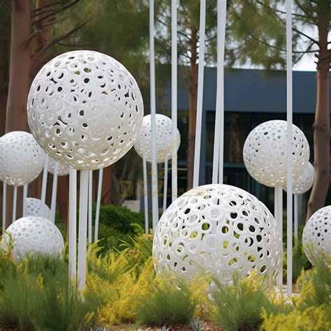 Modern White Metal Garden Sphere Art Sculpture With Light Flower Stand