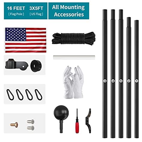 RUFLA 16FT Black Flag Pole Kit With 3 X5 American Flag Heavy Duty