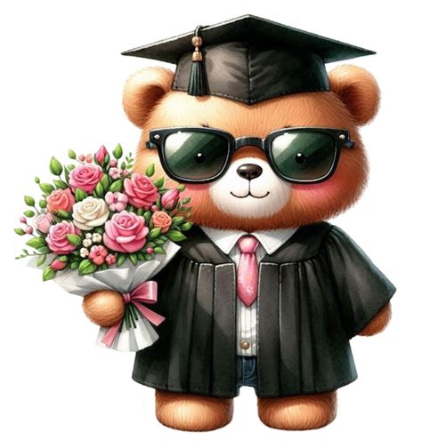 Vestido De Gradua O De Urso Segurando Flores Clipart Aquarela Vetor