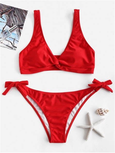 ZAFUL Twisted Tie Side Bikini Set RED L Floral Bandeau Bikini Red