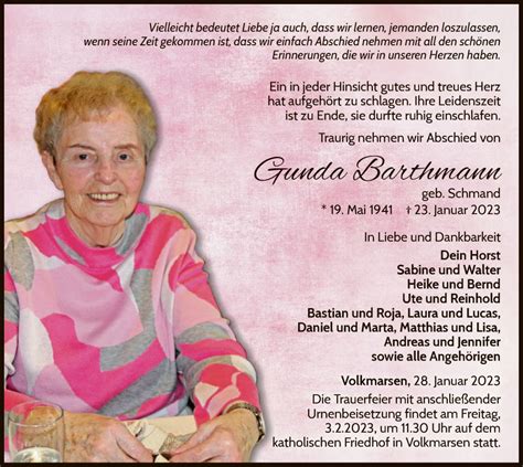 Traueranzeigen Von Gunda Barthmann Trauer Wlz Online De