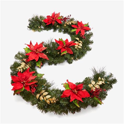 Pre-Lit Poinsettia Garland| Christmas | Brylane Home