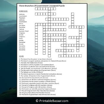 Three Branches Of Government Crossword Puzzle Worksheet Activity