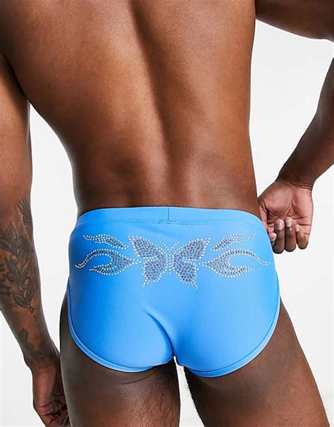 Asos Design Swim Briefs With Diamante Butterfly Print In Blue Asos