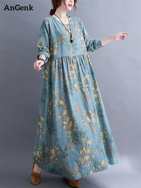 Robe à fleurs Vintage à manches longues col rond bleu vêtements pour