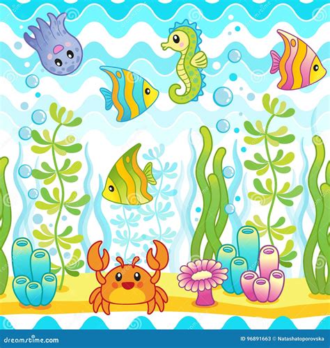 Seamless Sea Creatures Pattern Cartoon Vector 74182073