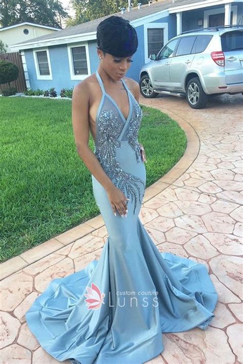 Classy Beading Appliqued Blue Satin Long Prom Dress Lunss