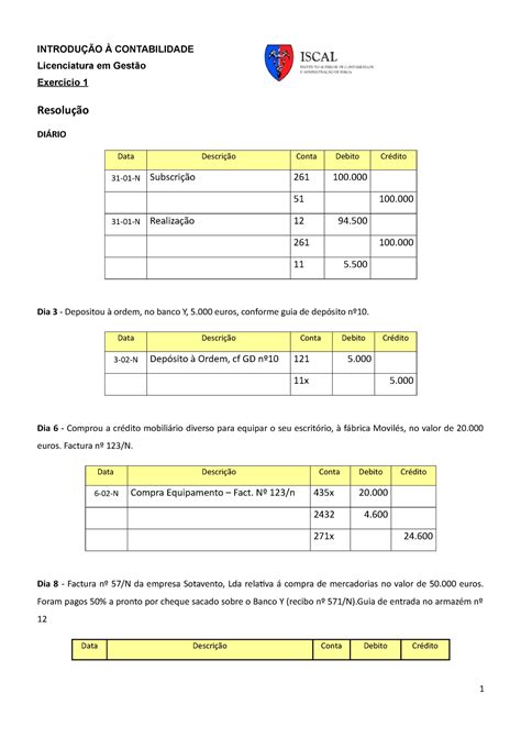 Caderno Exerc Cio Solu O Introdu O Contabilidade Licenciatura