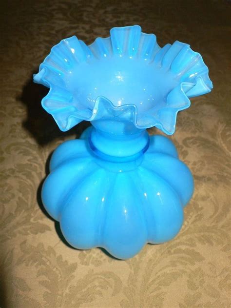 Fenton Turquoise Blue Ruffle Vase Blown Glass Fenton Glass Blowing