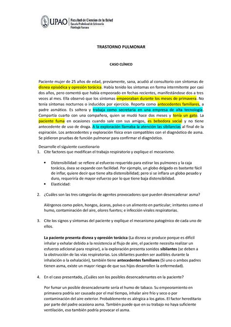 Caso Trastorno Respiratorio Trastorno Pulmonar Caso Cl Nico Paciente