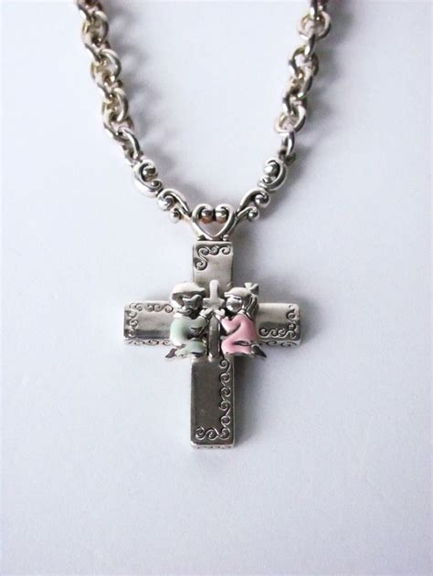 Boy Girl Prayer Vintage Cross Pendant Necklace Silver Tone