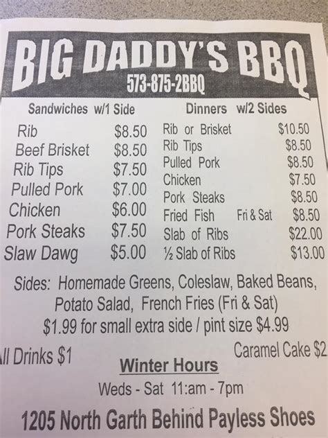 Menu At Big Daddys Bbq And Soul Food Columbia