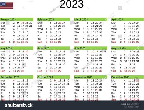 Calendar Year 2023 English Language United Stock Vector (Royalty Free ...