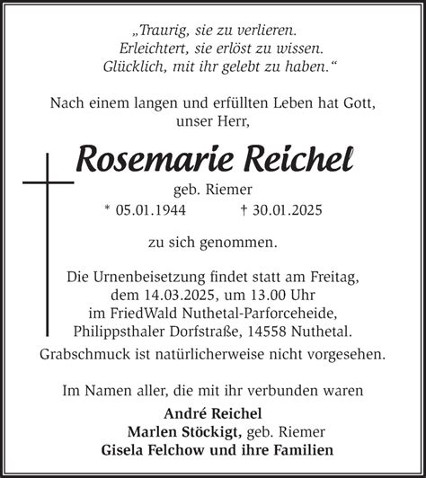 Traueranzeigen Von Rosemarie Reichel M Rkische Onlinezeitung Trauerportal