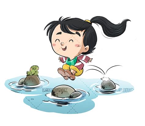 Niña Saltando Entre Las Piedras De Un Río Dibustock Ilustraciones Infantiles De Stock