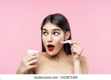 Beautiful Woman Naked Shoulders Red Lips Stock Photo