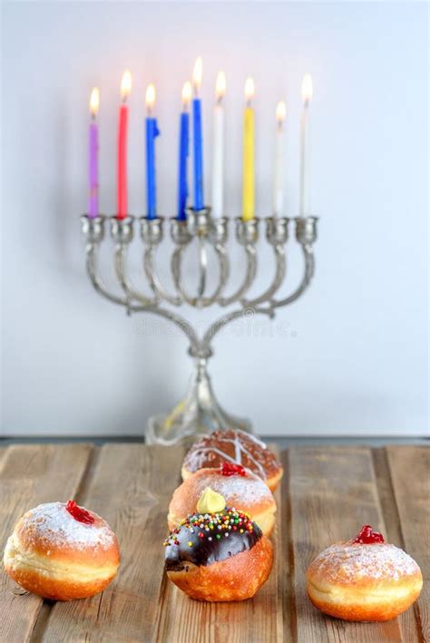 Chanukah Celebration Concept Close Up View Of Tasty Donuts With Jam