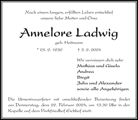 Traueranzeigen Von Annelore Ladwig Trauer Anzeigen De