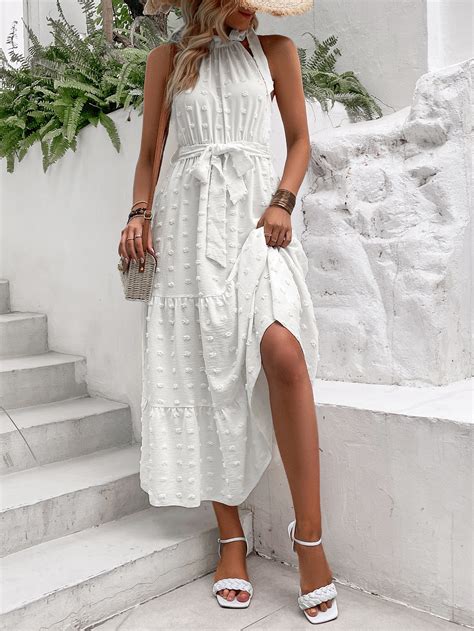 SHEIN VCAY Robe ras du cou à volants à nœud ceinturé Mode en ligne