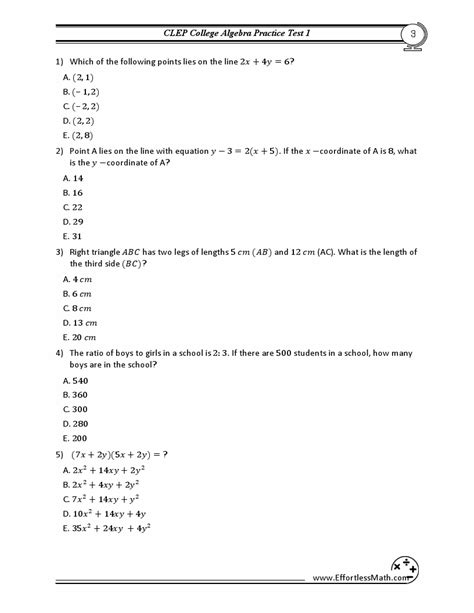 College Algebra Practice Test Printable