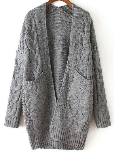 Grey Long Sleeve Cable Knit Pockets Cardigan Shein Sheinside Long