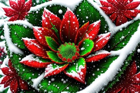 Una Flor Roja Con Hojas Verdes Y Nieve En Sus Ramas Y Un Fondo Oscuro