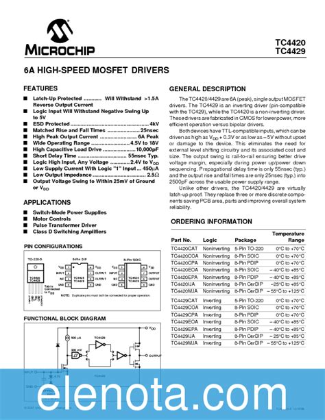 TC4420 Datasheet PDF 65 KB Microchip Pobierz Z Elenota Pl