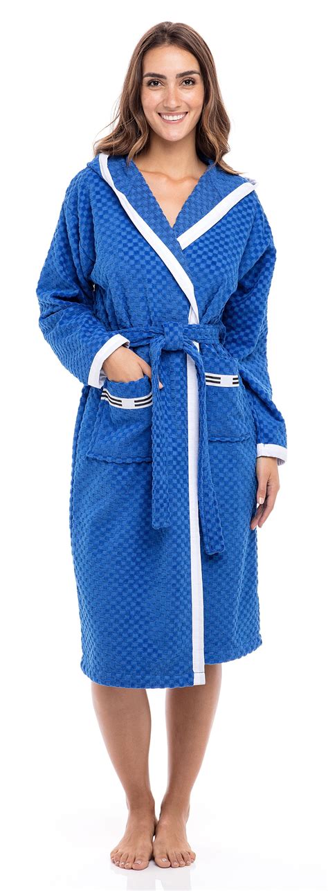 Womens Waffle Weave Robe Ladies Hooded Bathrobe 100 Terry Cotton Spa