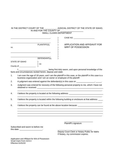 Application And Affidavit For Writ Of Possession Idaho Form Fill Out