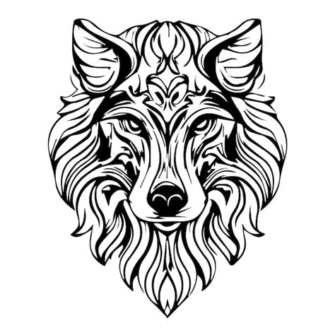 Ilustração da Tatuagem da Face do Lobo em preto e branco Vetor Premium