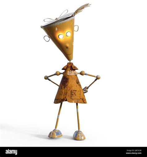 3D-illustration of a cute and funny cartoon robot made from scrap metal ...