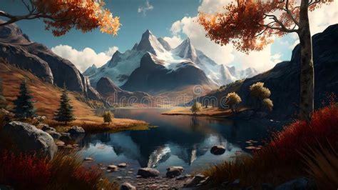 Beautiful Landscape, Mountains, Lake, Digital Art Made by AI Stock ...