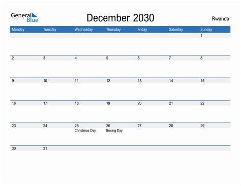 Editable December 2030 Calendar With Rwanda Holidays