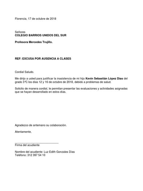 Carta De Excusa Escolar Ejemplo Listen Ss Images And Photos Finder