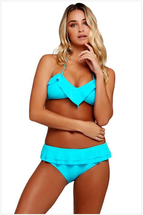 2018 New Sexy Bikini Set Blue Chic Ruffle Detail 2pcs Halter Swimsuit