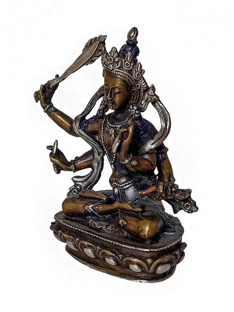 Buddhist Miniature Statue Of Maha Manjushree Chocolate Oxidized