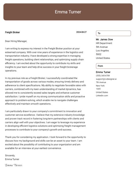 Freight Broker Cover Letter Examples Samples For Cvdesigner Ai