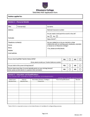 Fillable Online TEACHING POST Application Form Ellesmere College Fax