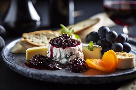 Plato De Queso Con Salsa De Fruta De Queso Suave Y Vino Tinto Generado