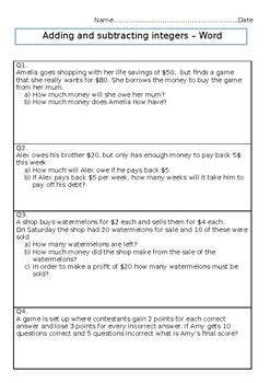 Adding And Subtracting Positive And Negative Integers Word Problems