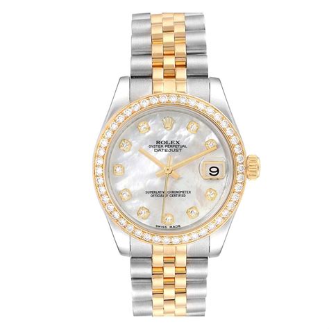 Pre Owned Rolex 26mm Datejust Two Tone With Diamond Bezel And Mother Of Pearl Diamond Dial