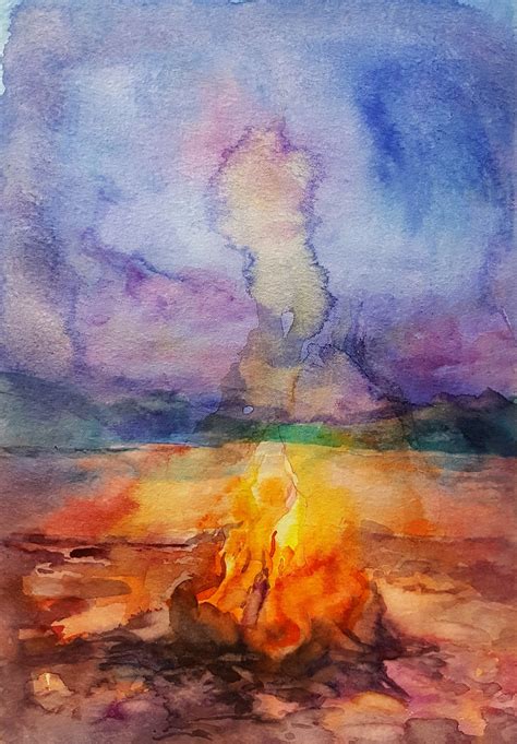 Bonfire Original Watercolor painting Fire Illustration Night | Etsy