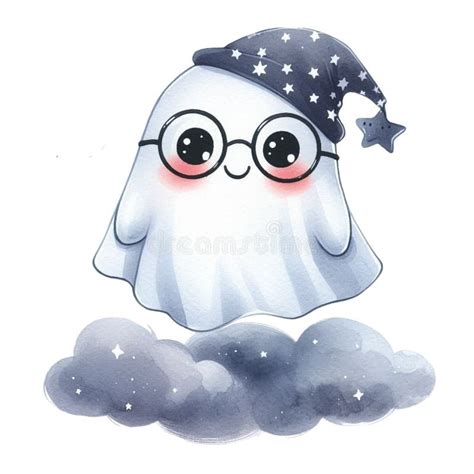 Cute Ghost Standing on a Cloud Clipart Watercolor Stock Illustration ...