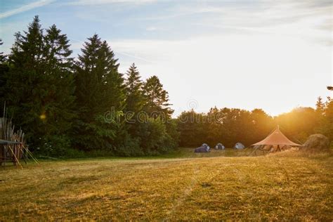 Tent Setup At The Campsite Surrounding By Nature In Holiday Park Stock