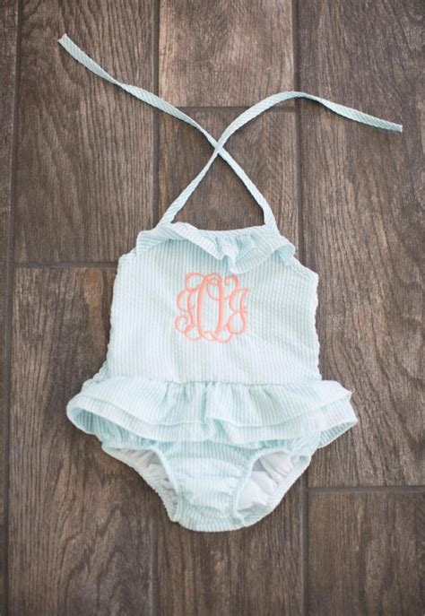 Girls Monogram Swim Suit Seersucker Swim Suit Personalized Etsy