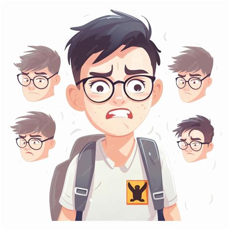 Premium Photo | Cartoon boy with glasses and backpack with different facial expressions ...