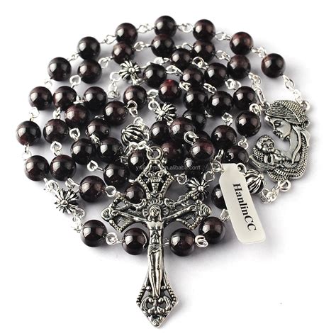 7mm Garnet Gemstone Beads Catholic Rosary Necklace With Alloy Anti