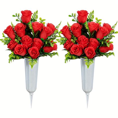 2 Sets Artificial Cemetery Flowers With Vase Outdoor Grave Flowers