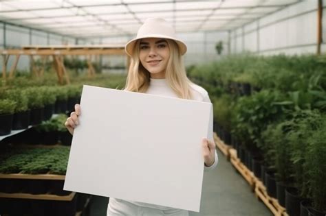 Retrato De Um Sorrindo Loiro Mulher Jovem Ficar Em Plante