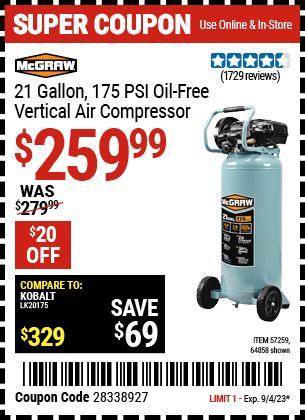 MCGRAW 21 Gallon 175 PSI Oil Free Vertical Air Compressor For 259 99